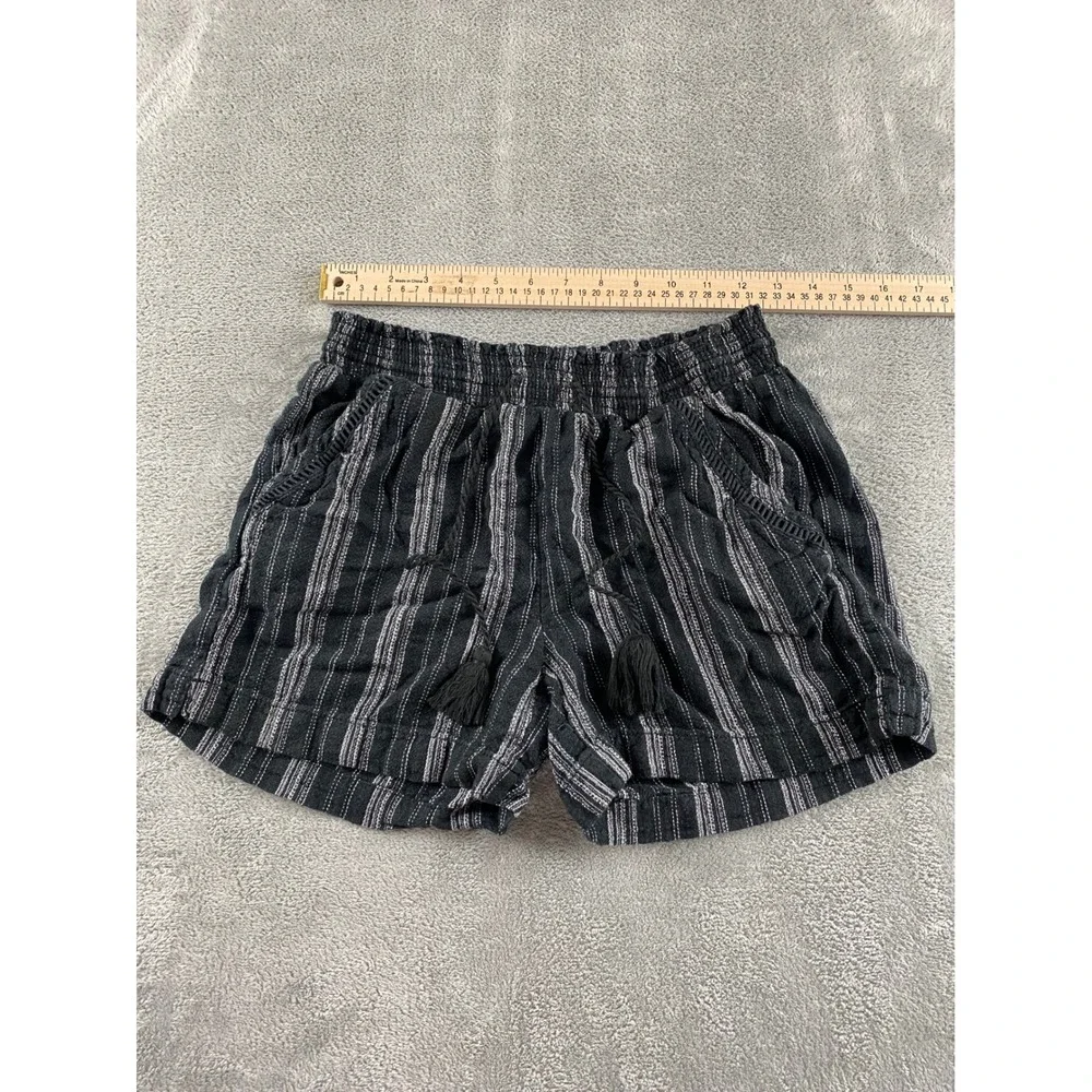 Briggs Womens Striped Pull On Shorts Black White Smocked Tassel Pockets Small